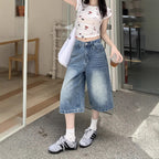 Damen Weite Denim-Culotte-Shorts mit hohem Bund und lässigem Design EB