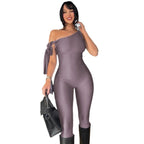 Damen eleganter Ein-Schulter-Jumpsuit mit figurbetontem Schnitt und stilvollem Knoten EB