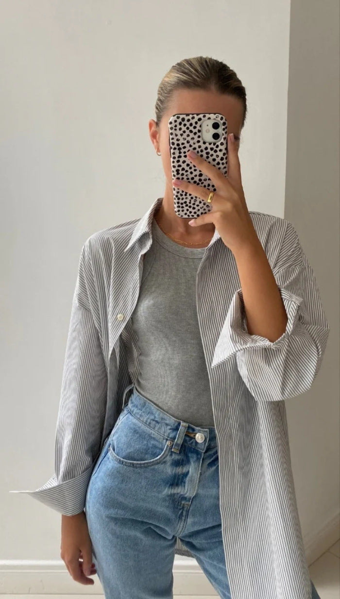 Damen Oversized Hemdbluse mit Streifenmuster und abgerundetem Saum EB