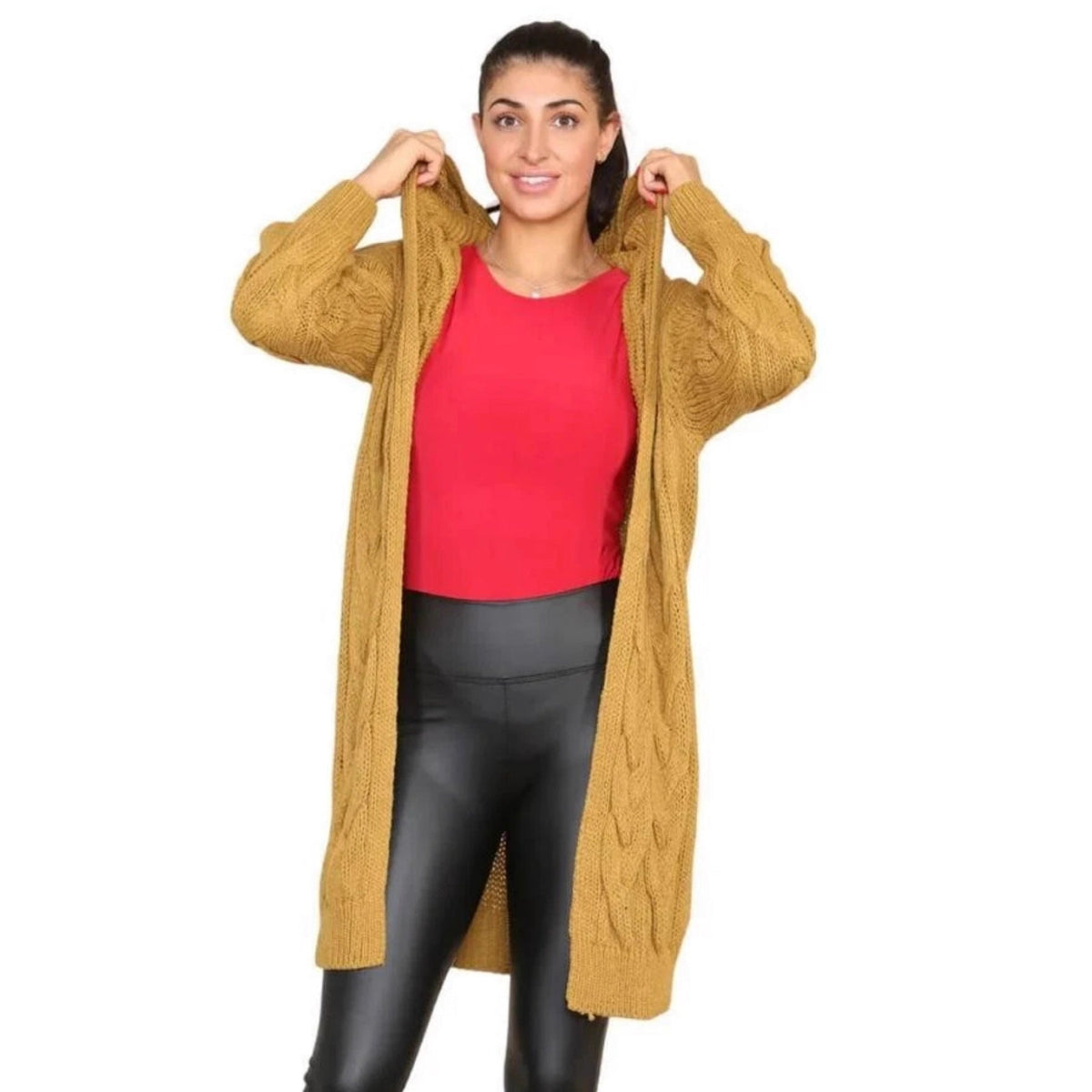 Damen Langer Strickmantel mit elegantem Zopfmuster und Kapuze EB