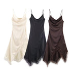 Damen edles Spaghetti-Trägerkleid mit zarter Spitze und fließendem Satin EB