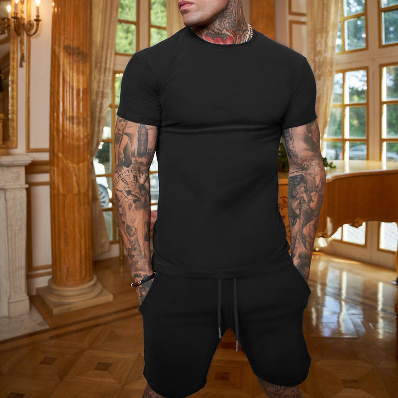 Herren nan schlankes Jersey-Set mit Rundhalsshirt und elastischer Tunnelzug-Shorts EB