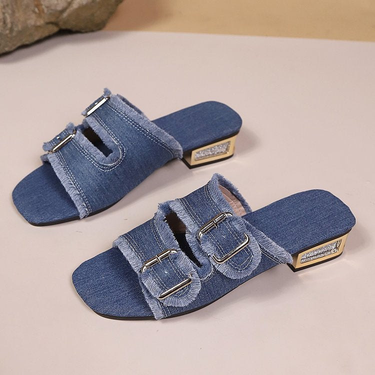 Damen Denim Riemchen-Sandalen mit modischen Schnallen EB
