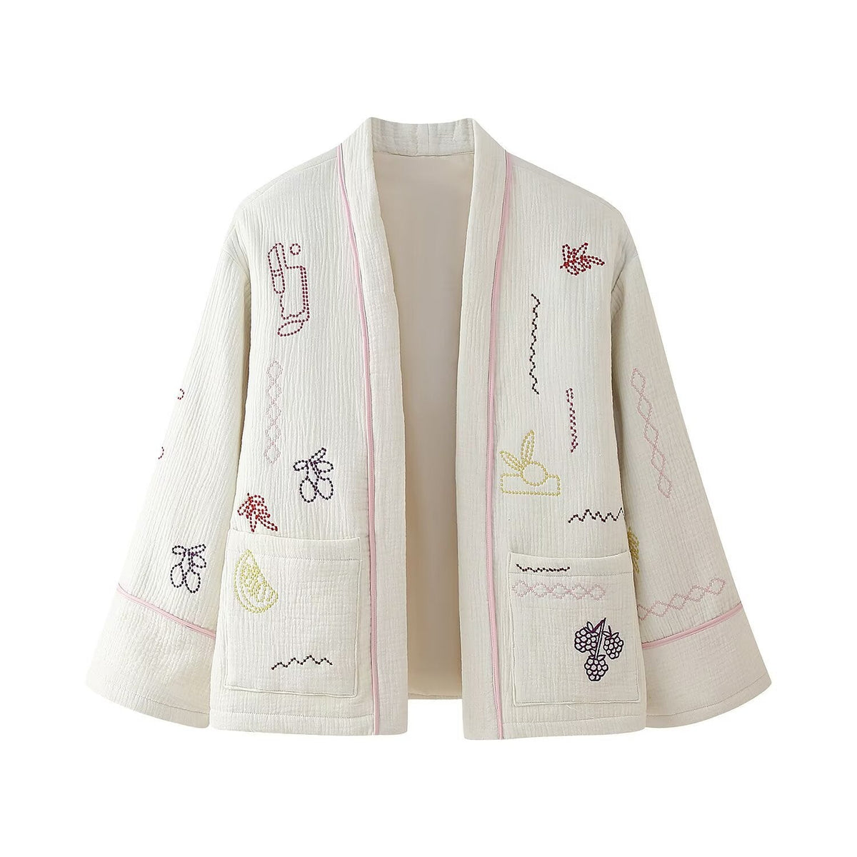 Damen Kimono-Jacke mit dekorativem Stickdesign und praktischen Taschen EB