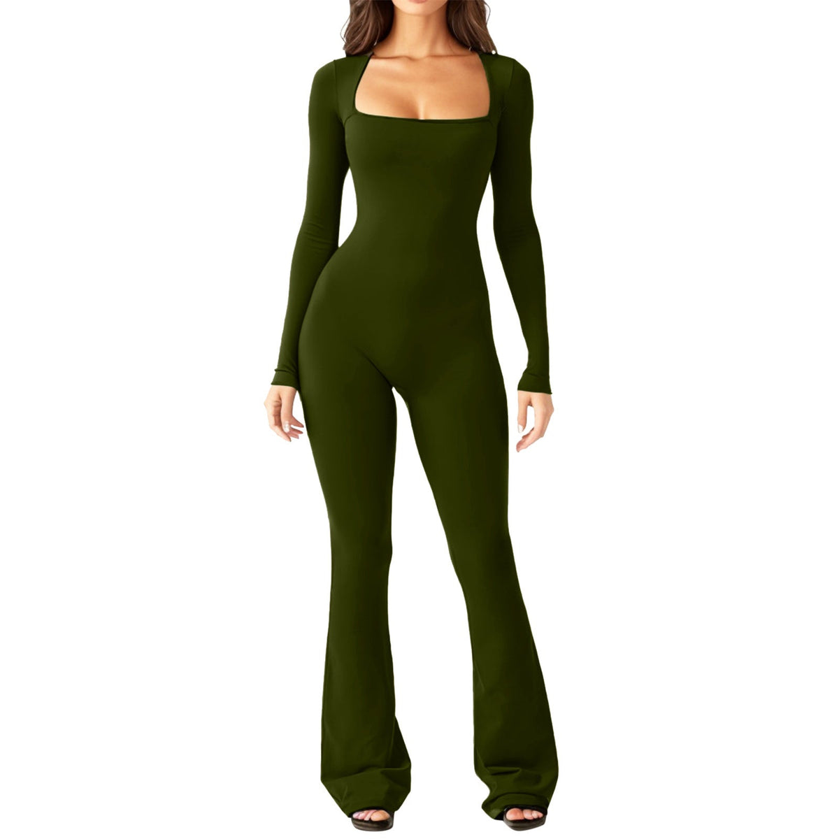 Damen Eleganter Langarm-Jumpsuit mit weitem Bein und tiefem Ausschnitt EB