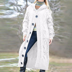 Damen Langer Strickmantel mit Kapuze und klassischem Zopfdesign EB