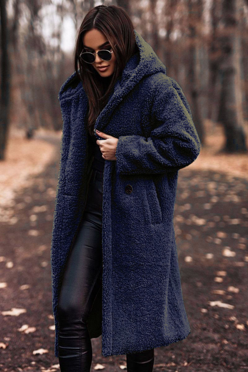 Damen kuscheliger Fleece-Mantel mit Kapuze und praktischen Taschen EB