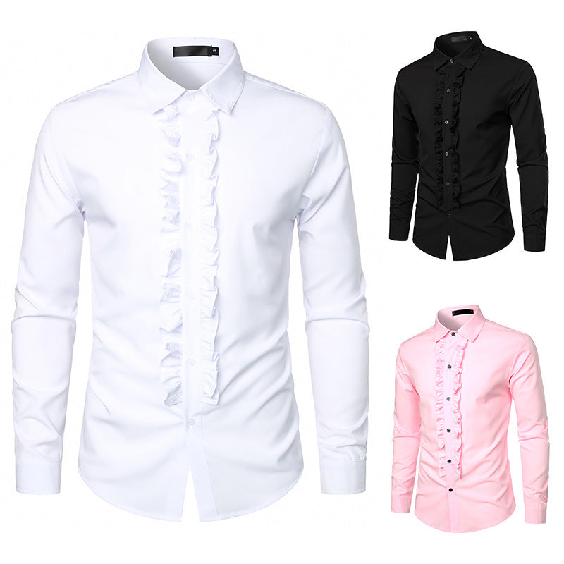 Herren elegantes Langarmhemd mit Rüschenverzierung EB