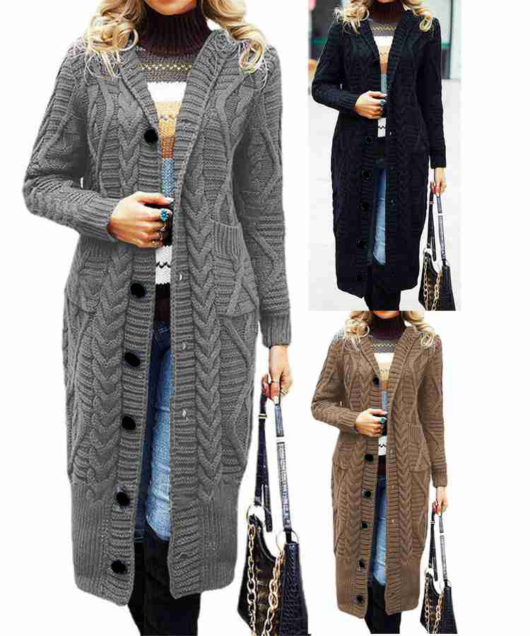 Damen Eleganter Strickmantel mit tiefem V-Ausschnitt und aufwendigem Zopfmuster EB