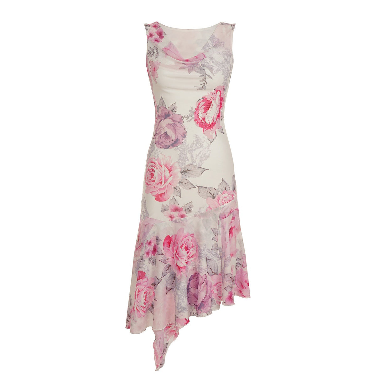 Damen elegantes asymmetrisches Kleid mit floralen Akzenten EB