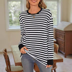 Damen bequemes Langarmshirt mit gestreiftem Design und Rundhalsausschnitt EB