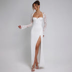 Damen Elegante Maxikleid mit transparenter Spitzenoberfläche und seitlichem Schlitz EB