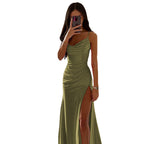 Damen Elegantes Maxikleid mit raffiniertem Drapé und hohem Schlitz EB