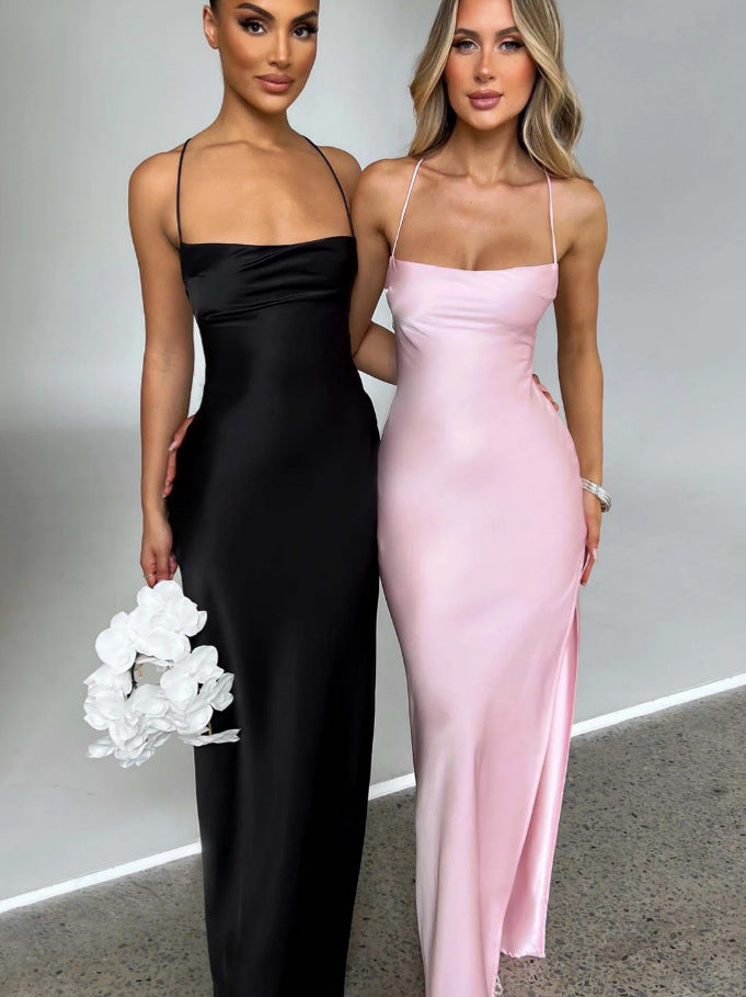 Damen Elegantes Maxikleid mit schmalen Spaghettiträgern und seitlichem Schlitz EB