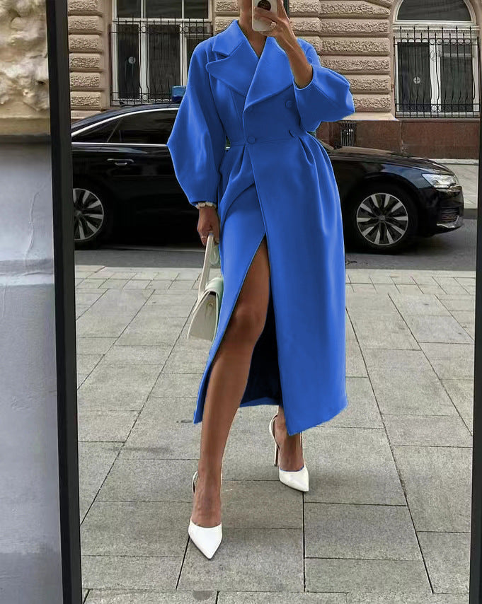 Damen eleganter Trenchcoat mit hohem Schlitz und Puffärmeln EB