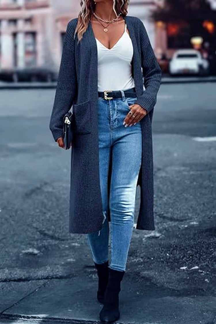 Damen Langer Strickmantel mit strukturiertem Design und praktischen Taschen EB