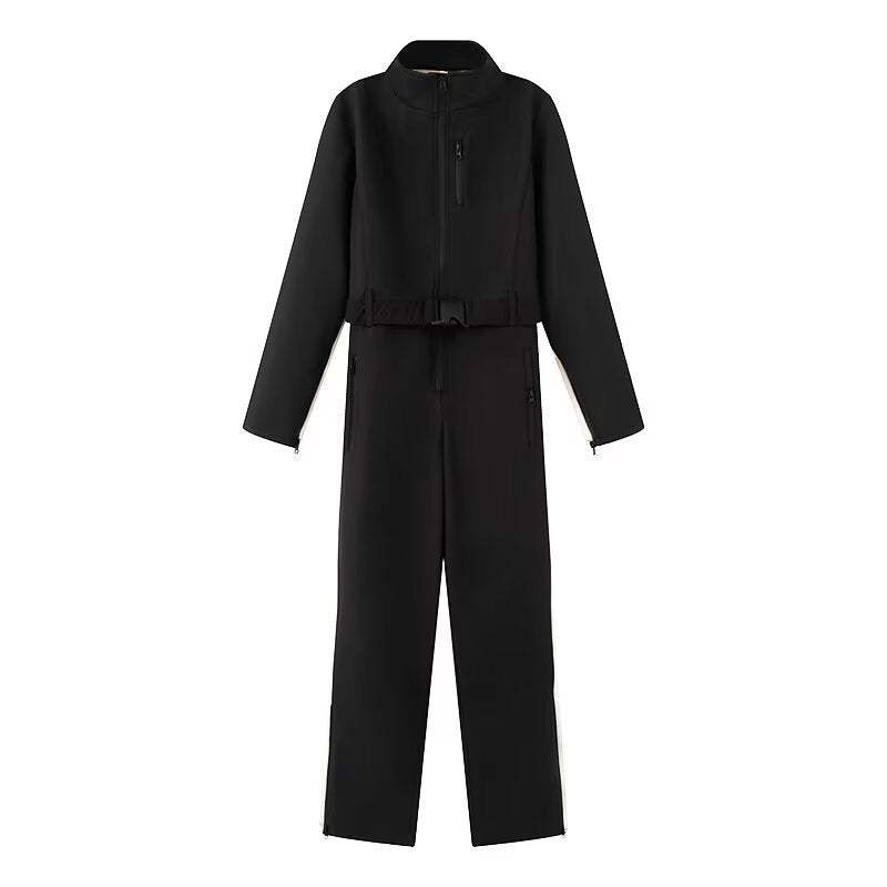 Damen-Utility-Overall mit hohem Kragen, Reißverschlüssen und Taillengürtel