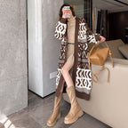 Damen Long Cardigan mit grafischem Design und tiefen Taschen EB