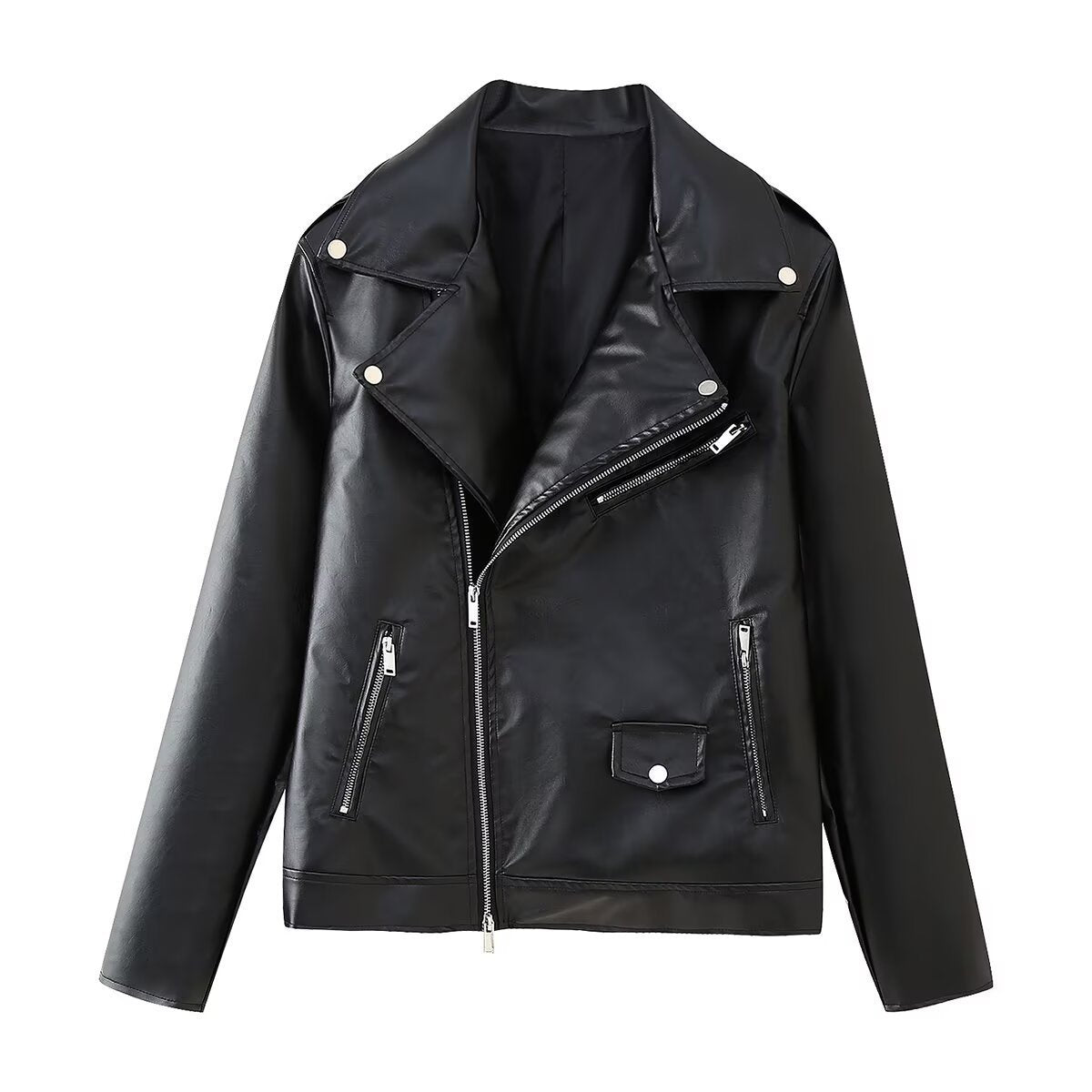 Damen Kunstleder Bikerjacke mit asymmetrischem Reißverschluss und dekorativen Zipperdetails EB