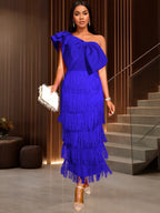 Damen Cocktailkleid mit voluminösem Rüschendesign und Fransen EB