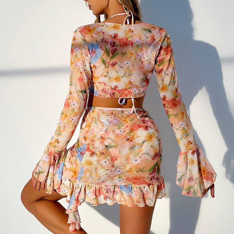 Damen Crop-Top und Wickelrock-Set mit floralen Details EB