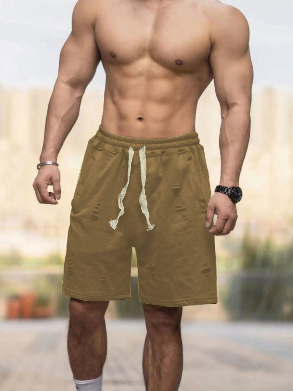 Lässige Herren-Sweatshorts mit elastischem Kordelzug, Seitentaschen und Used-Look