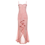 Damen Elegantes Maxikleid mit Rüschendetails und leicht transparentem Stoff EB