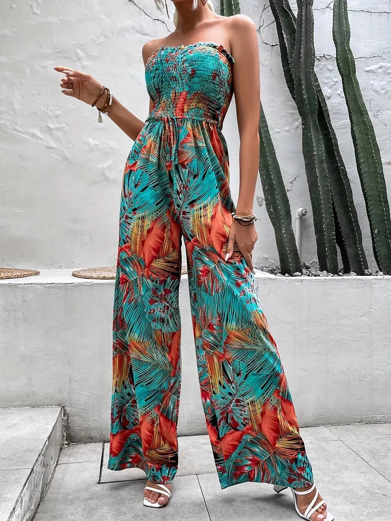 Damen One-Shoulder Jumpsuit mit floralem Design und elastischem Oberteil EB