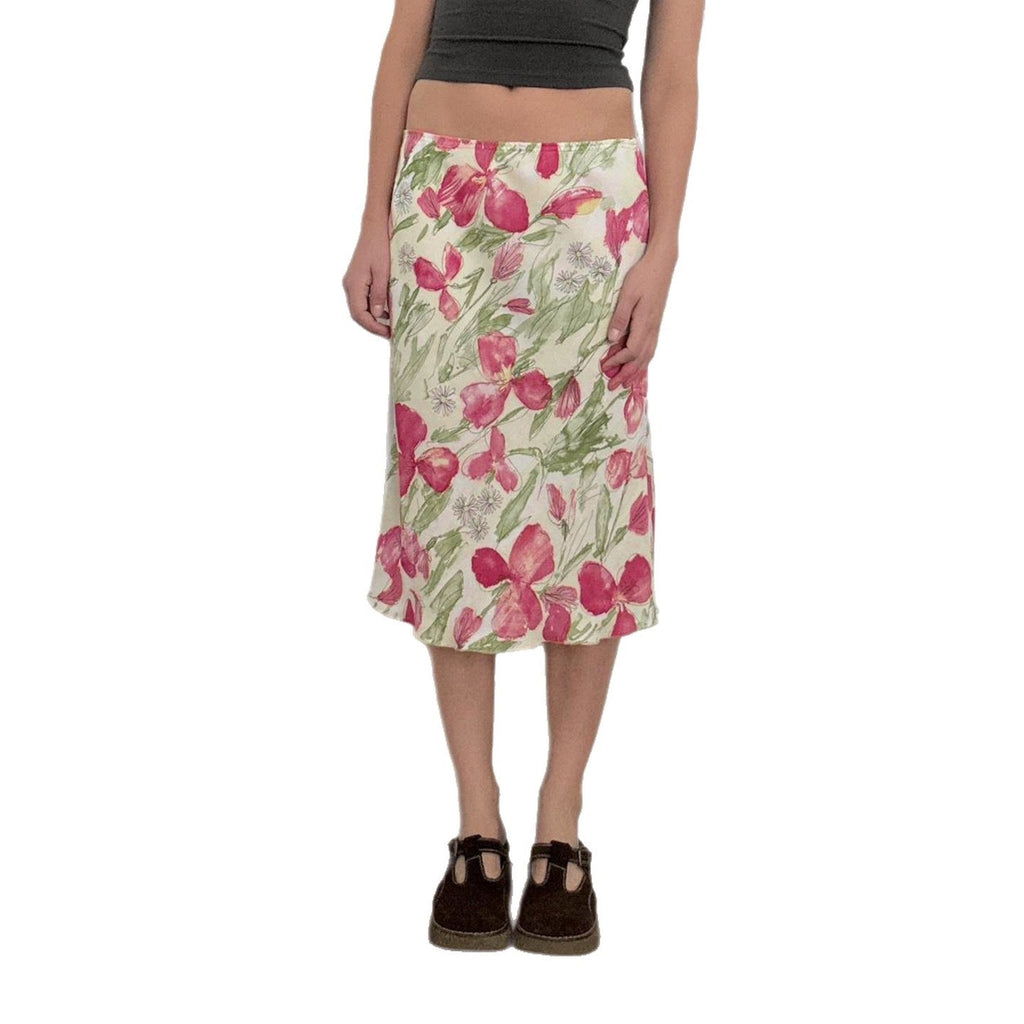 Damen eleganter Midirock mit floralen Motiven und schwingendem Schnitt EB