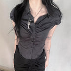 Damen Kurzarmbluse mit Raffung und eleganter Knopfleiste EB