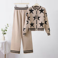 Damen modisches Strick-Loungewear-Set mit Sternenmuster und kontrastierenden Details EB