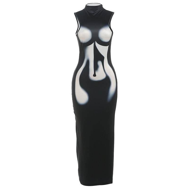 Damen Elegantes, figurbetontes Abendkleid mit hohem Kragen und transparentem Stoff EB
