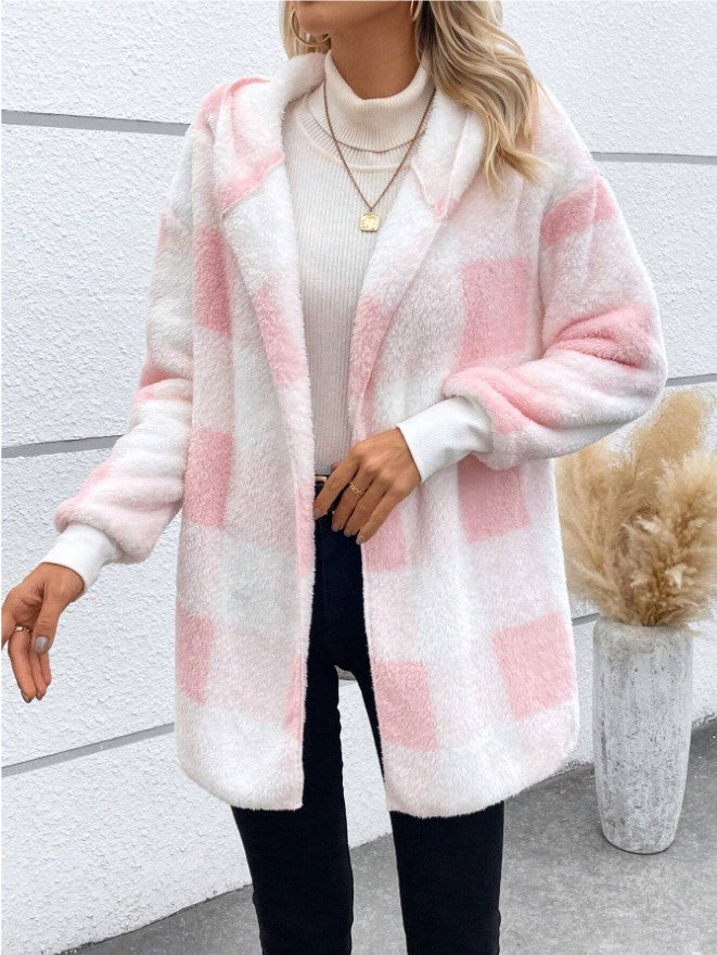 Damen Kuschelige Fleecejacke mit Karomuster und kapuziertem Design EB
