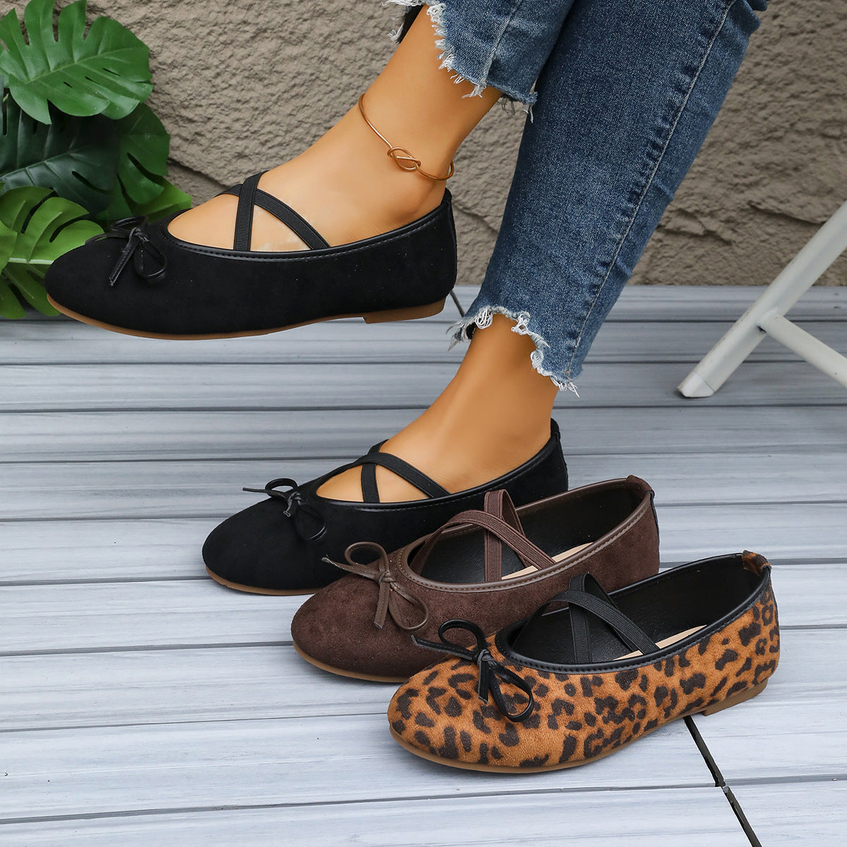 Damen Ballerinas mit verstellbarem Riemendesign und modischem Leopardenmuster EB