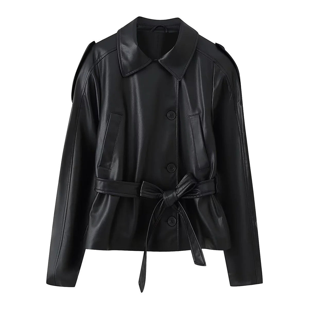 Damen Kunstlederjacke mit eleganten Knopfdetails und Gürteldesign EB
