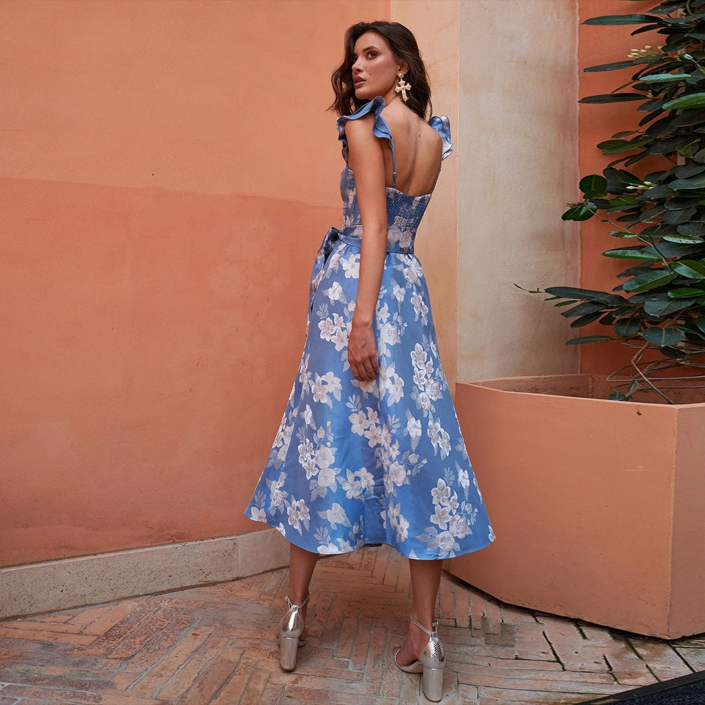 Damen Blumenkleid mit eleganten Rüschendetails und tailliertem Schnitt EB