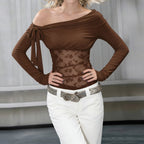Damen transparente Spitzenbluse mit asymmetrischem Schnitt EB