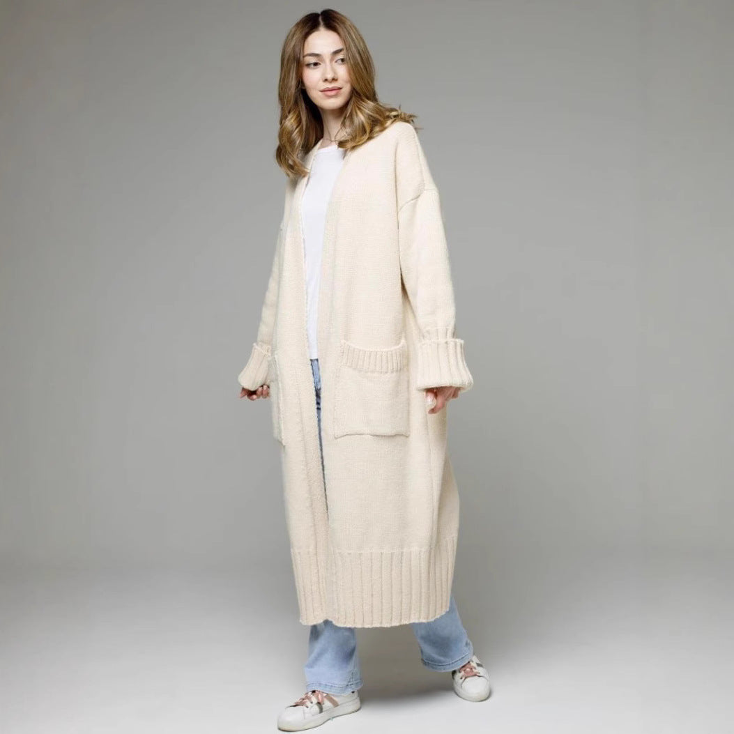 Damen Langer Strickmantel mit praktischen Taschen und strukturiertem Design EB
