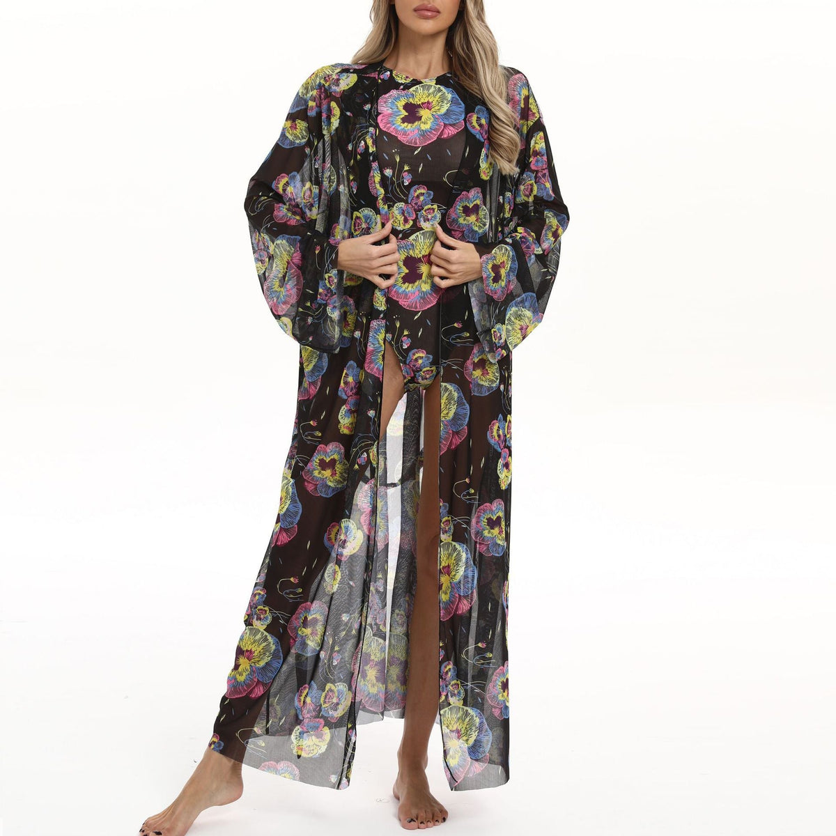 Damen eleganter Strandkimono mit floralem Muster EB