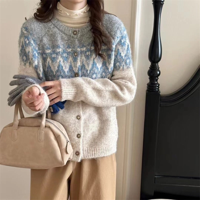 Damen Grobstrick Cardigan mit geometrischem Fair-Isle-Muster und eleganter Knopfleiste EB