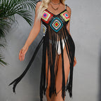 Damen Häkel-Strandüberwurf im bohemian Stil mit dekorativen Fransen EB