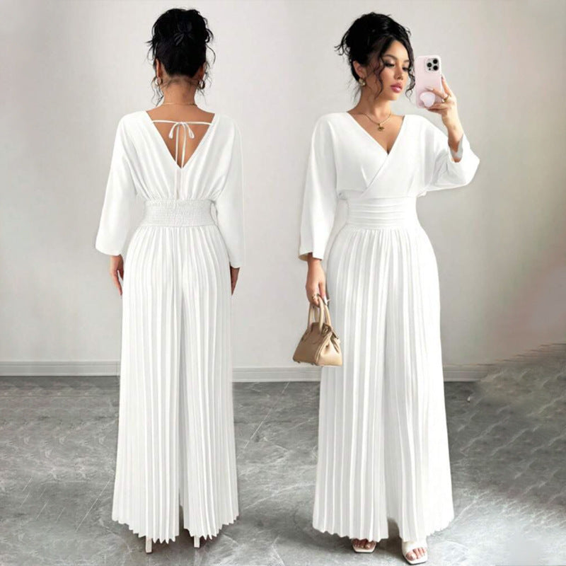 Eleganter Damen-Plissee-Jumpsuit mit V-Ausschnitt