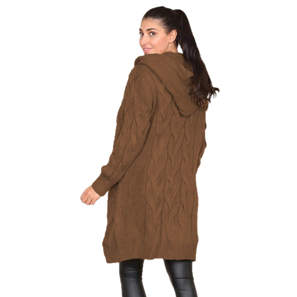 Damen Langer Strickmantel mit elegantem Zopfmuster und Kapuze EB