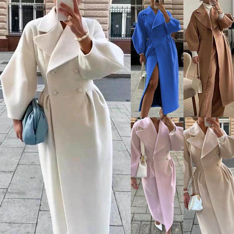 Damen eleganter Trenchcoat mit hohem Schlitz und Puffärmeln EB