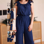 Damen-Crinkle-Jumpsuit mit weitem Bein, elastischem Bund und gerüschten Ärmeln