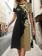 Damen Elegantes Freizeitkleid mit floralem Design und Taillengürtel EB