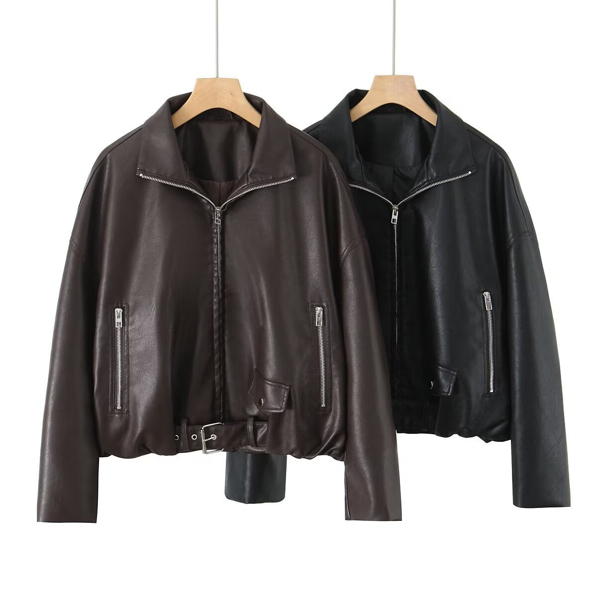 Damen Kunstlederjacke mit taillierbarem Gürtel und seitlichen Reißverschlusstaschen EB