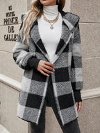 Damen Kuschelige Fleecejacke mit Karomuster und kapuziertem Design EB