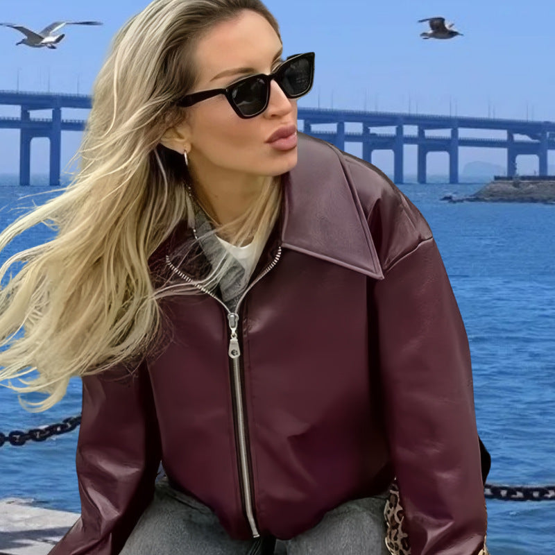 Damen Kunstlederjacke mit Stehkragen und voluminösen Ärmeln EB