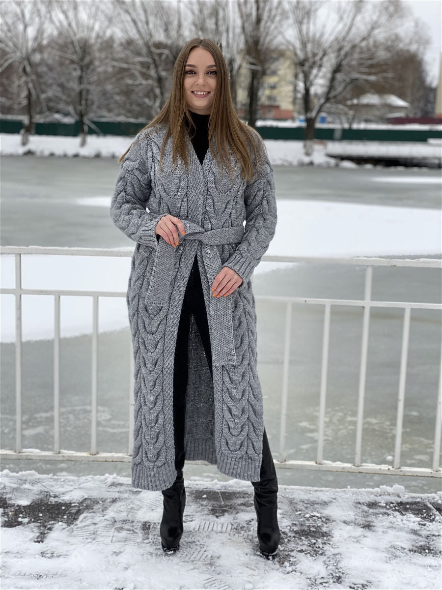 Damen Grobstrick-Mantel mit markantem Zopfdesign und offenem Schnitt EB